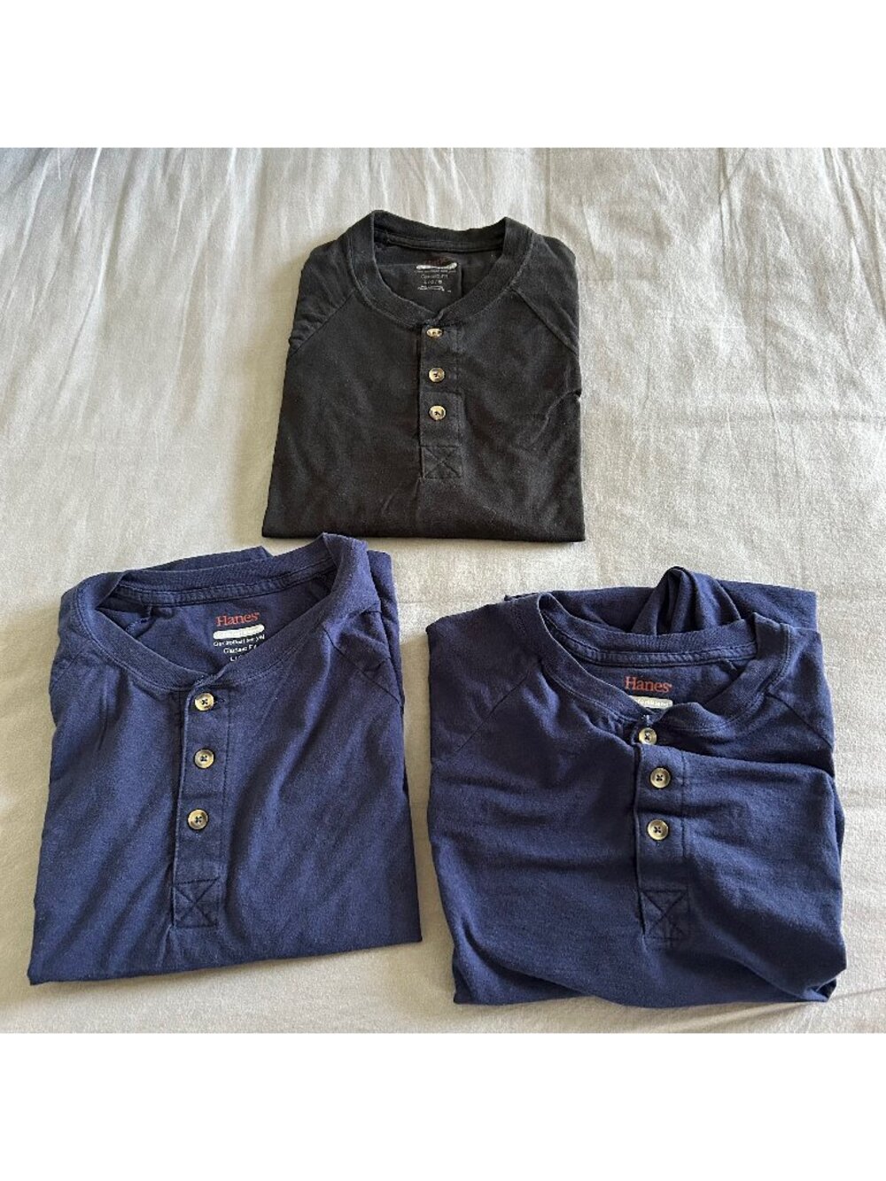 Hanes Men’s ComfortBlend Henley Shirt Bundle - Set of 3 - Navy & Black - Large